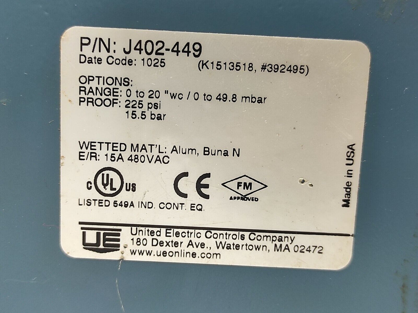 United Electric J402-449 Pressure Switch Range 0 To 20”wc / 0 To 49.8mbar
