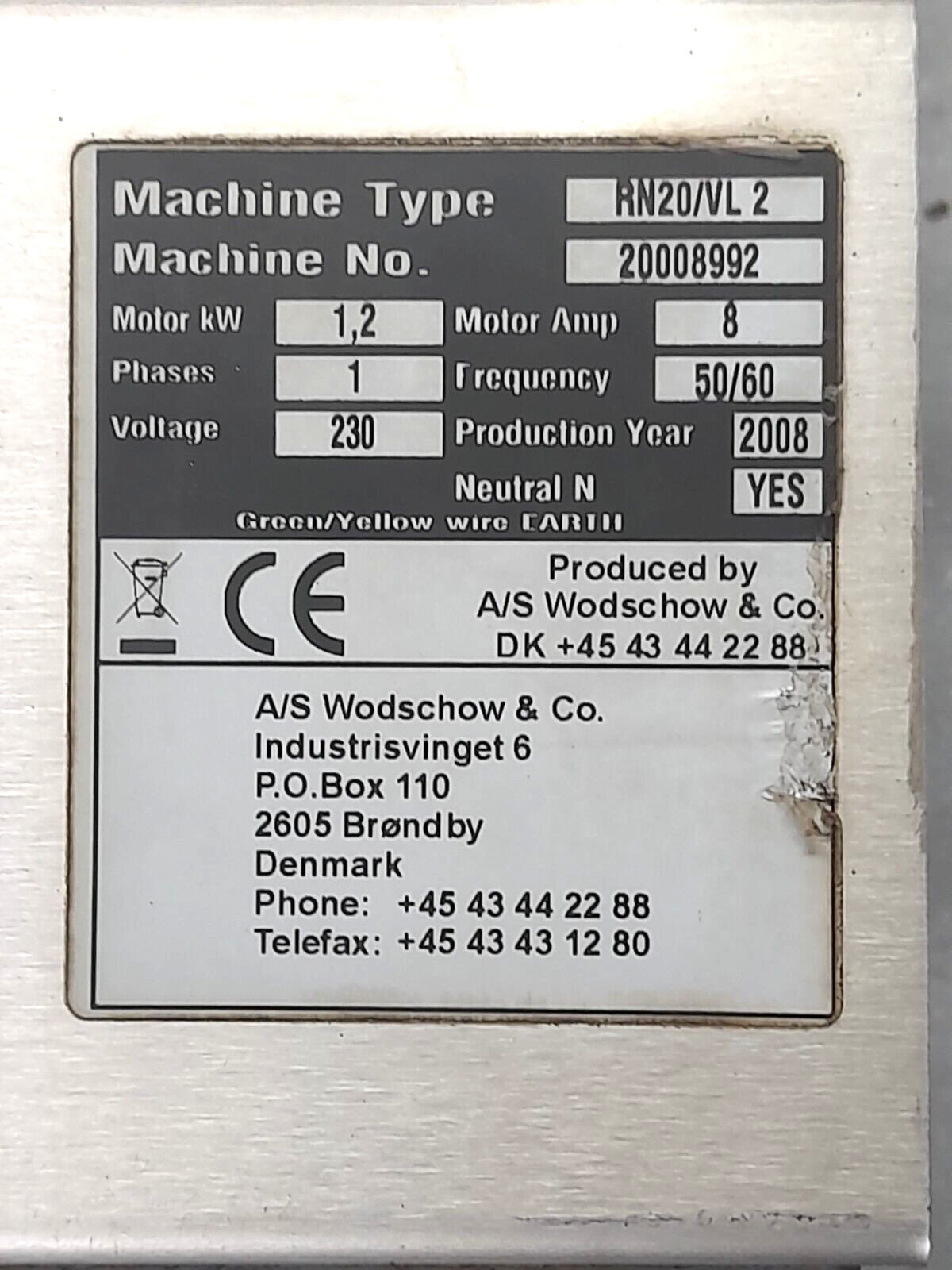 Varimixer Bear A/S Wodschow & Co. RN20/VL 2 Mixer 20008992 Motor 1.2kW 8A 1Ph 50