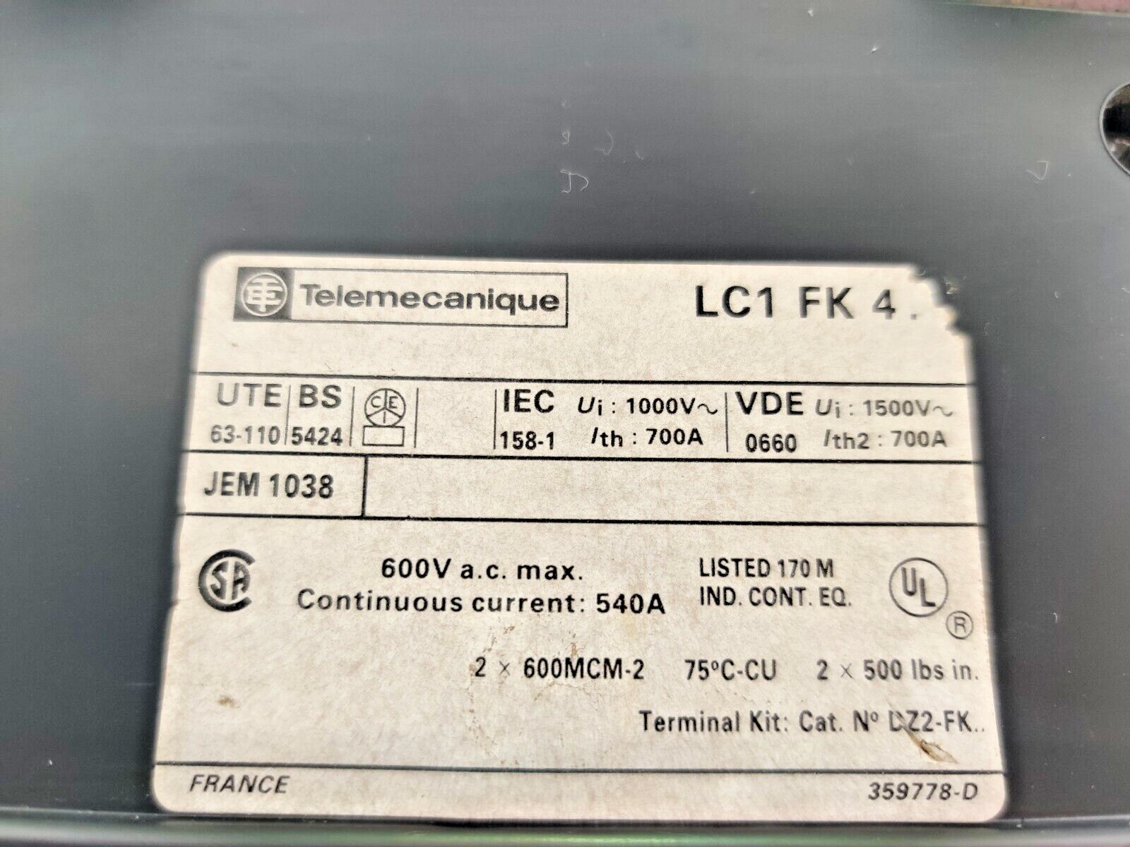 Telemecanique LC1 FK 42 Contactor 600V a.c.max 540A LC1FK4 LX4FK220