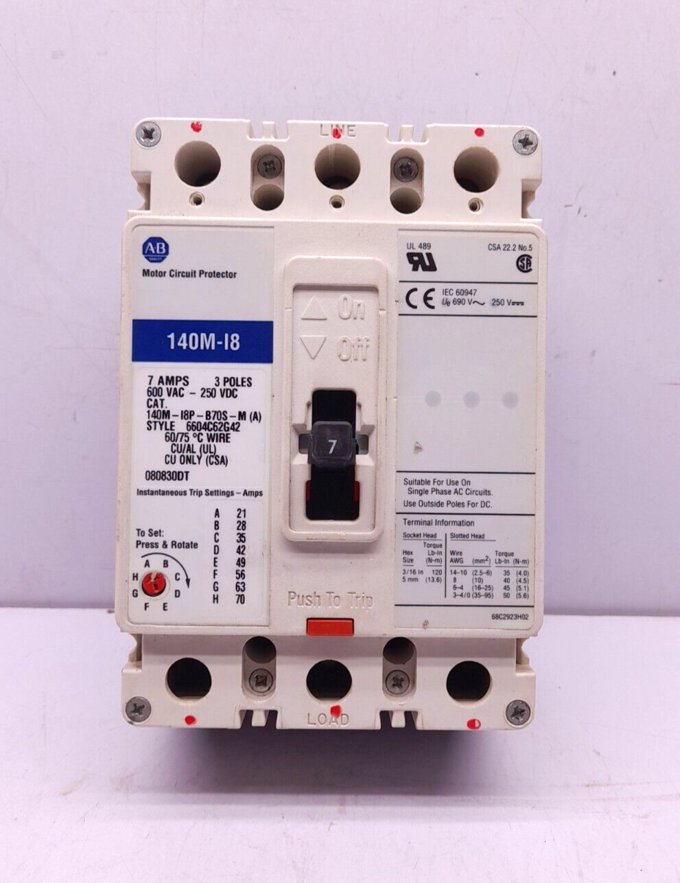 Allen Bradley 140M-I8P-B70S-M (A) Circuit Breaker 7A 3P 140M-I8
