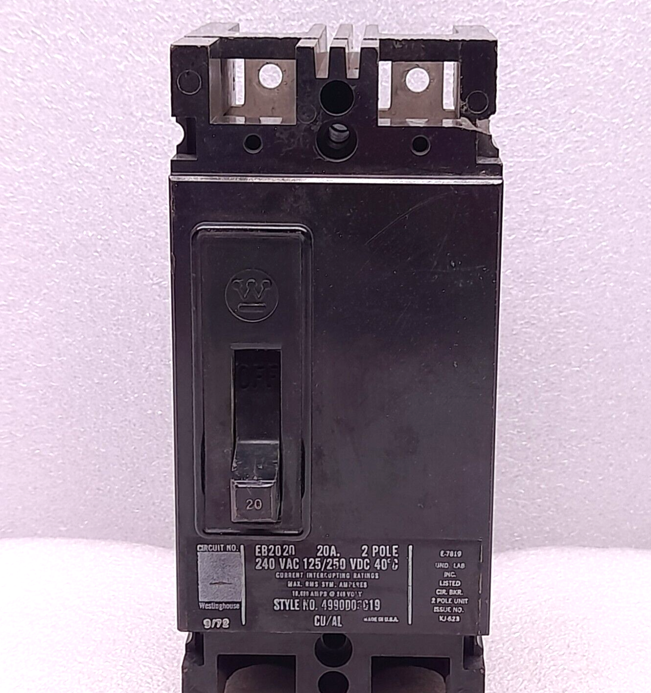 Westinghouse EB2020 Circuit Breaker 20A 2P 240VAC 125/250VDC