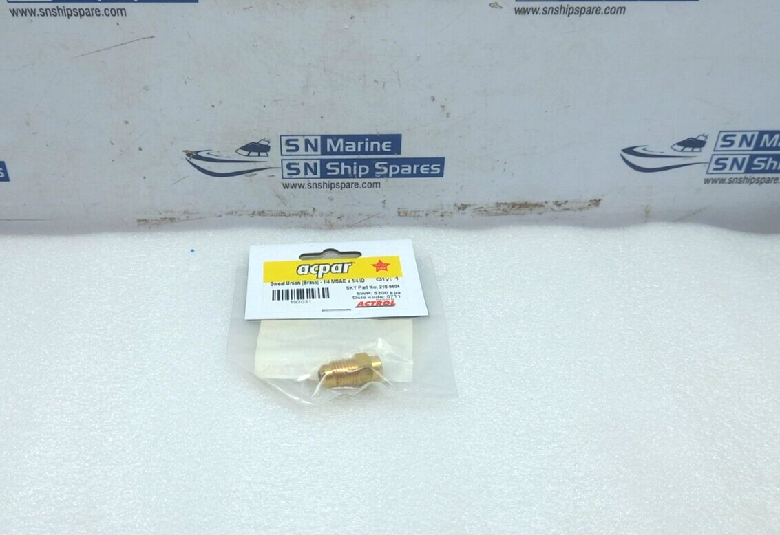 Actrol 218-0404 Sweat Union (Brass)-1/4 MSAE x 1/4ID 5PCs In Lot