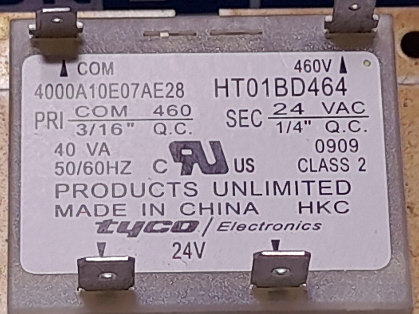 Tyco 4000A10E07AE28 Transformer Carrier HT01BD464 Pri 460V 40VA 5060HZ Sec 24VAC