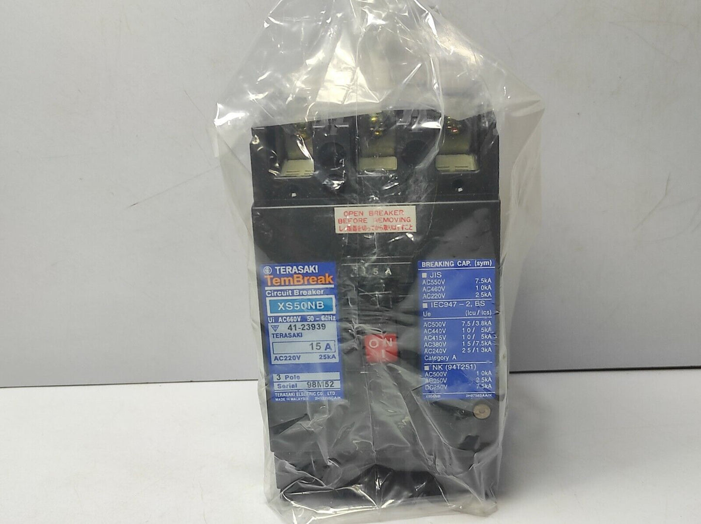 Terasaki XS50NB 3P 15A PM TemBreak Circuit Breaker 41-23939 AC220V 25kA Ui AC660