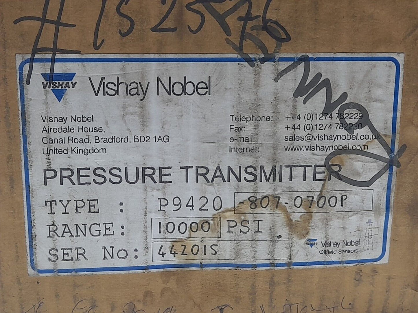 Vishay Nobel P9420-807-0700P Pressure Transducer 0-10000 PSI SG 4-20mA P94208070