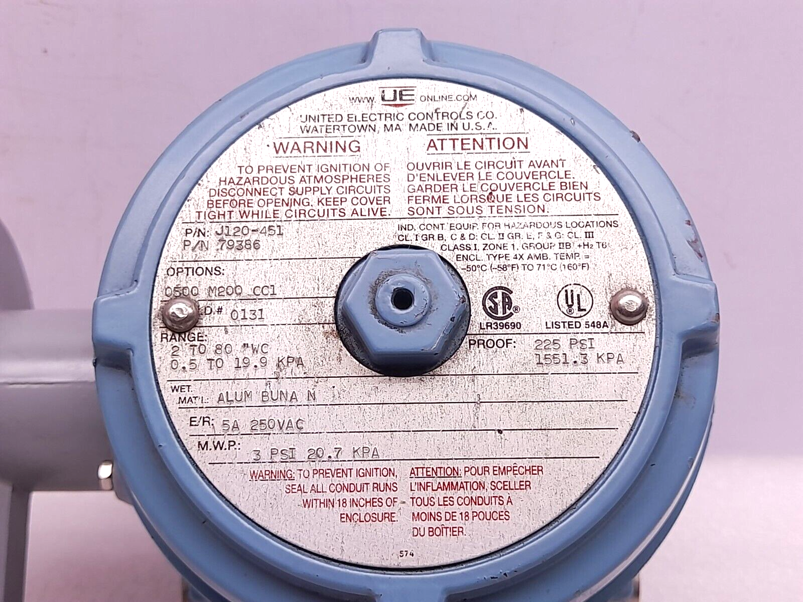 United Electric J120-451 79386 Pressure Switch Range 2 To 80” WC 0.5 To 19.9 kPa