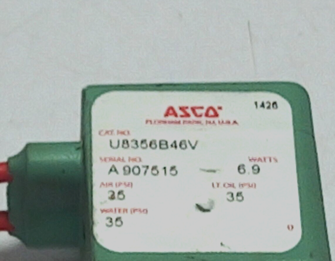 Asco U8356B46V Solenoid Valve 6.9W Air, Lt. Oil, Water 35 PSI 400117-142D 24VDC