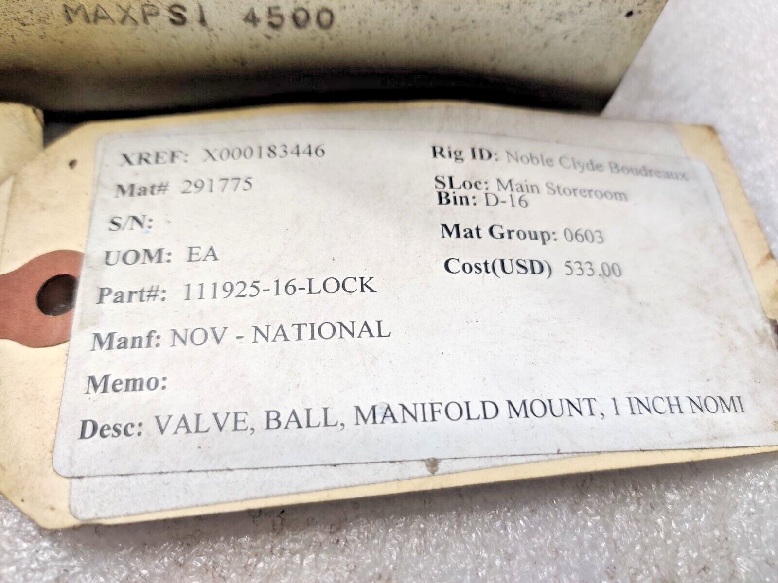 Stauff BBV25160001M Manifold Ball Valve Max Psi 4500 NOV 111925-16