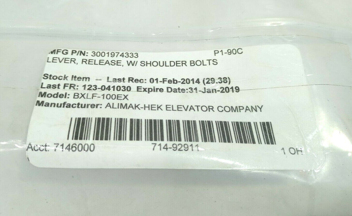 Alimak Hek Elevator Company 3001974333 Lever Release W/Shoulder Bolts