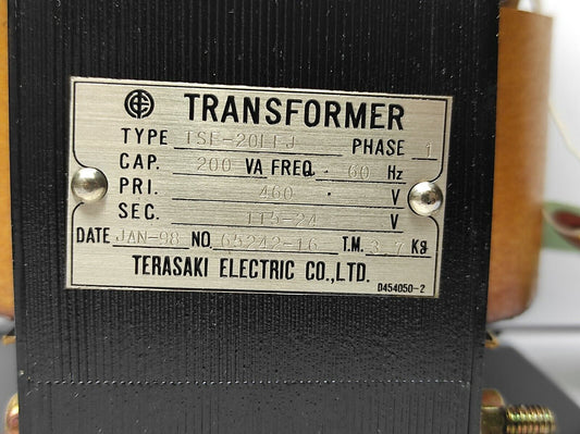 Terasaki TSE-20LFJ Transformer Phase 1 Cap.200VA Freq.60Hz Pri. 460V Sec. 115-24