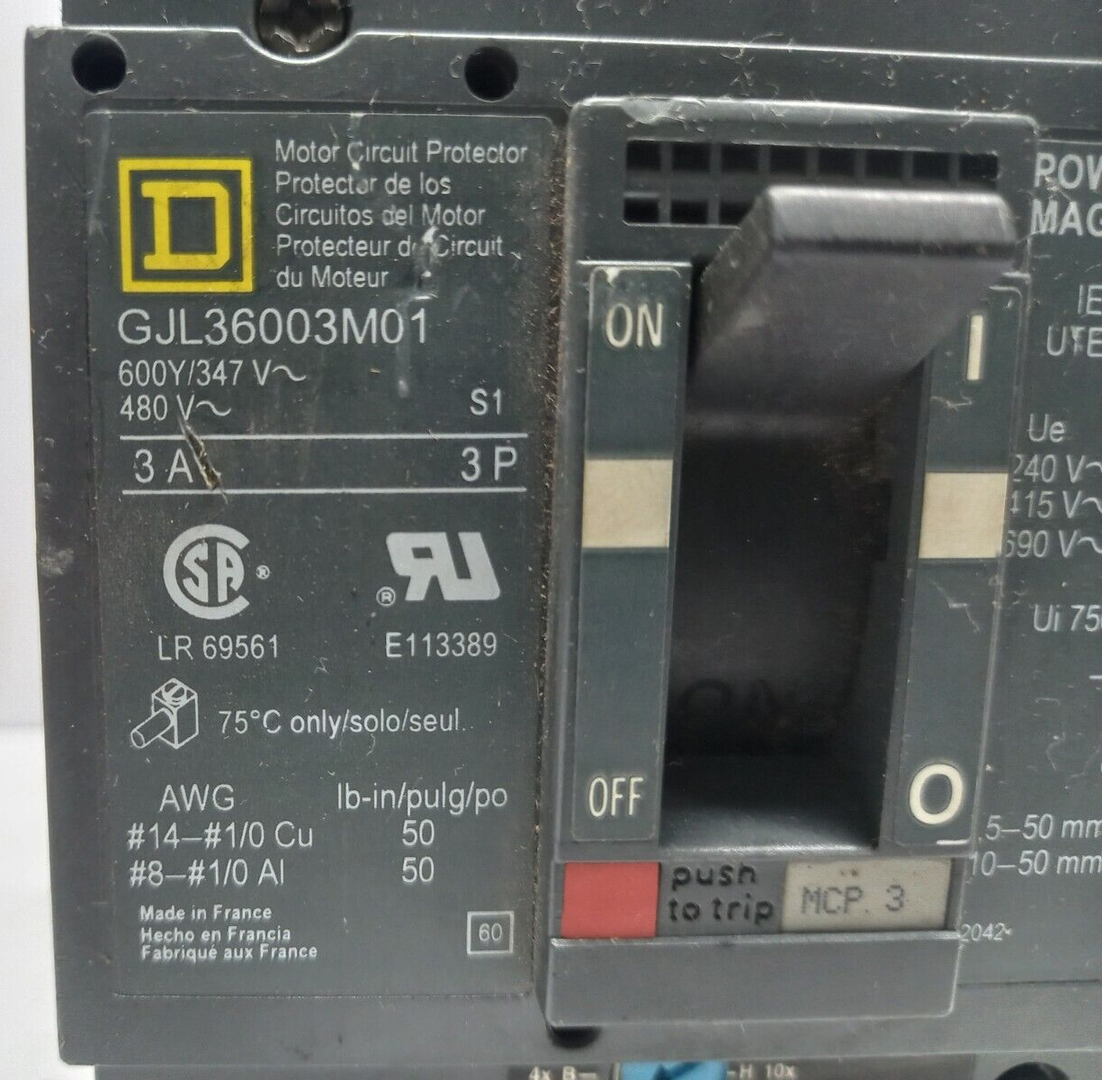 Square D GJL36003M01 Motor Circuit Protector Circuit Breaker 3A 3P