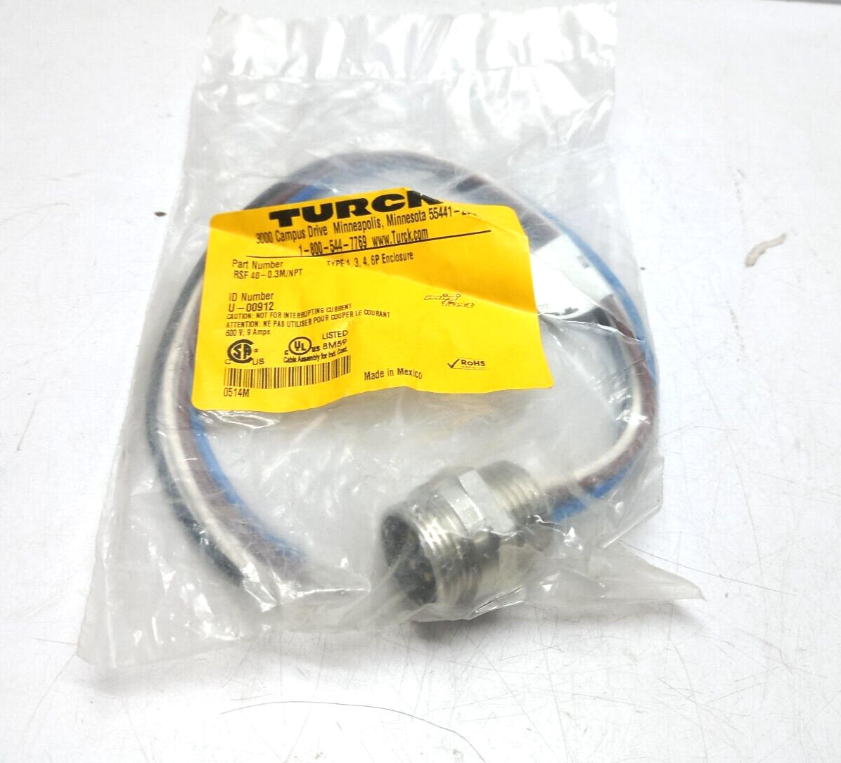Turck RSF 40-0.3M/NPT Connector Receptacle U-00912 600V 9Amps