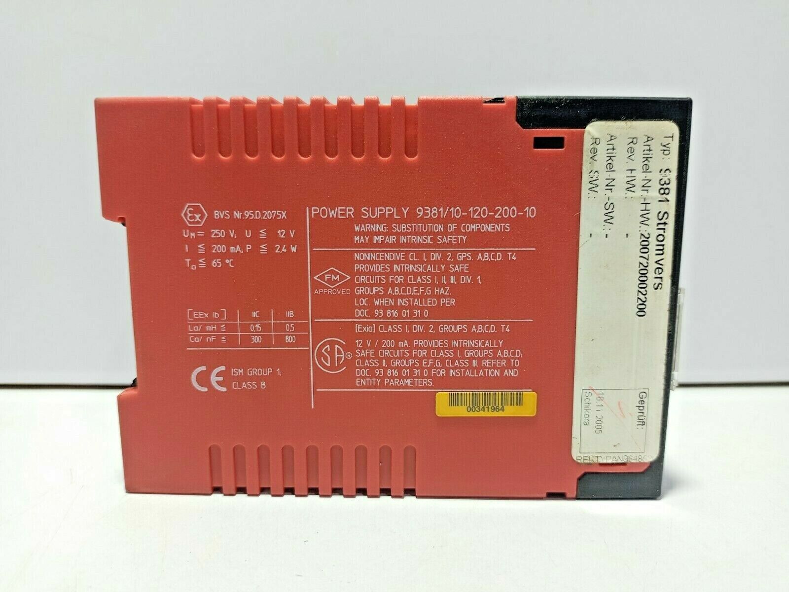 Stahl 9381/10-120-200-10 I.S. Power Supply 93811012020010 Un=10.8V In≤190mA