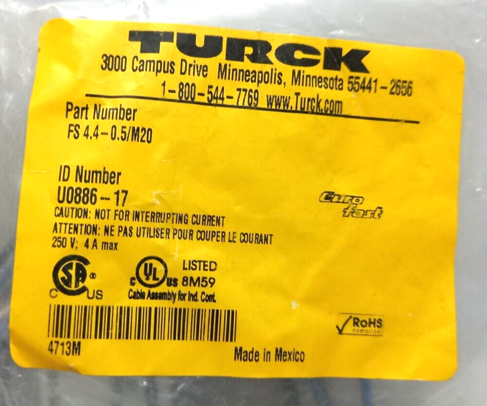 Turck FS 4.4-0.5/M20 Connector U0886-17 250V 4A Max