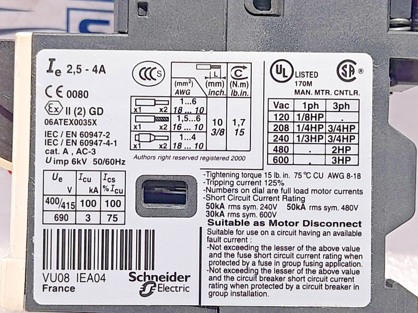 Telemecanique GV2ME08 Manual Stater Motor Protection Circuit Breaker 2.5-4A