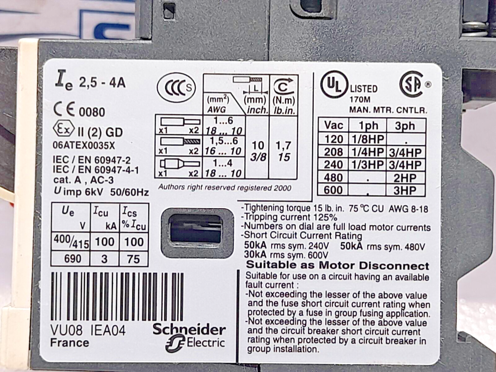 Telemecanique GV2ME08 Manual Stater Motor Protection Circuit Breaker 2.5-4A