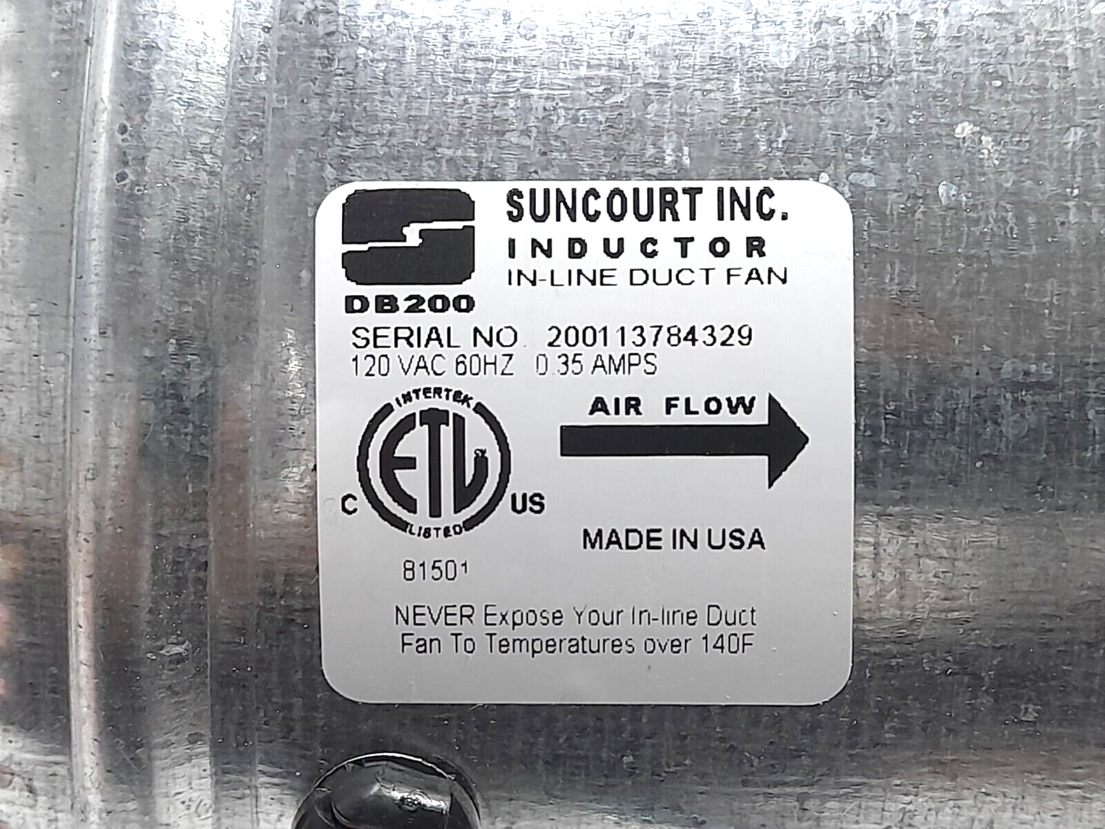 Suncourt DB200 Inductor 6” In-Line Duct Fan 120VAC 60Hz 0.35A