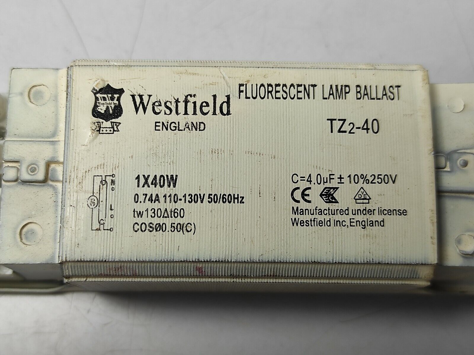 Westfield TZ2-40 Fluorescent Lamp Ballast 1X40W 0.74A 110-130V 50/60Hz tW130Δt60