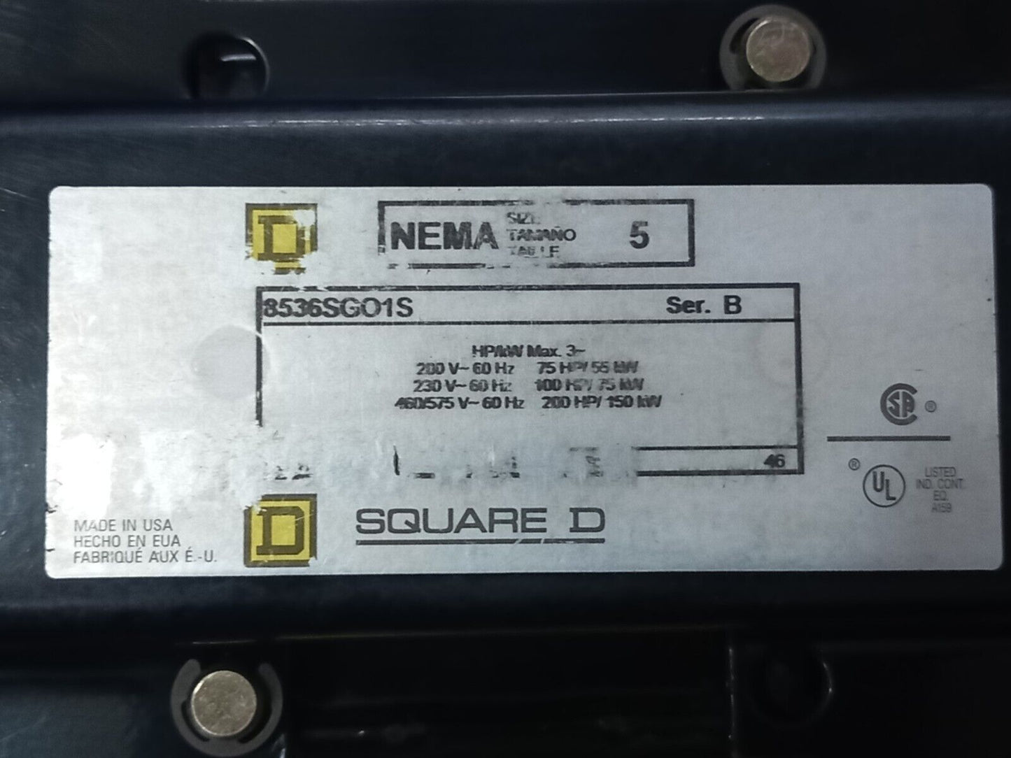 Square D 8536SGO1V02S Ser B AC Magnetic NEMA Size 5 Starter 110-120V 50/60Hz