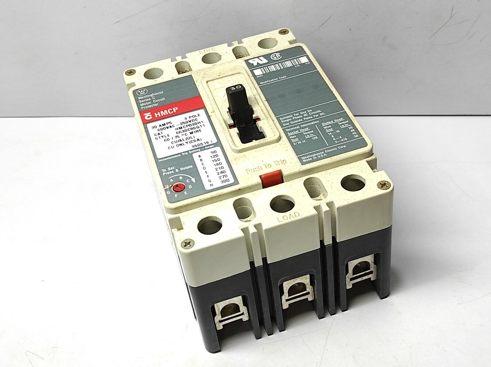 Westinghouse HMCP030H1 Ingersoll Rand 39124235 Circuit Breaker 30Amps 3Pole 600V