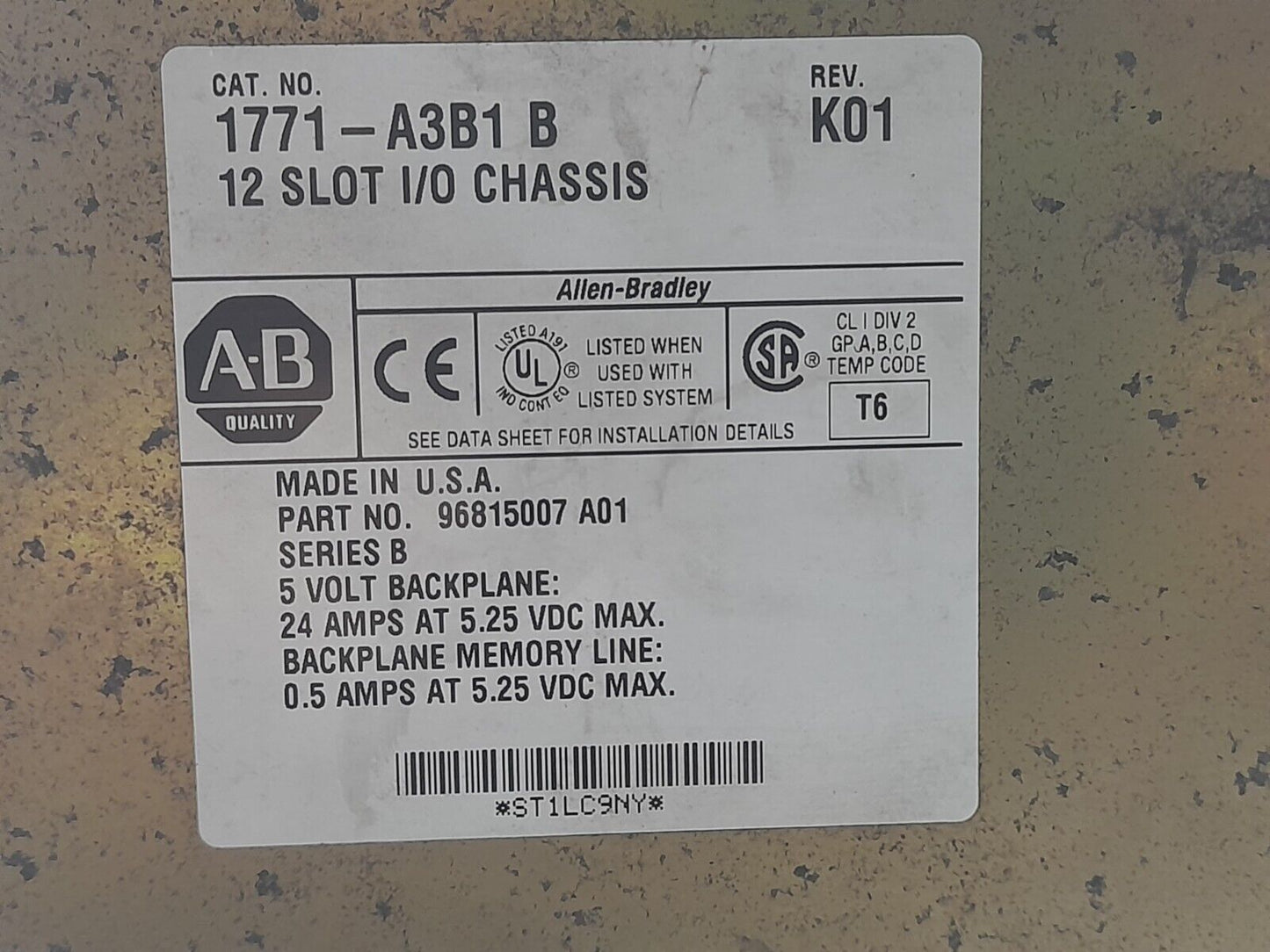 Allen Bradley 1771-A3B1 12 Slot I/O Chassis With 1785-L40C PLC