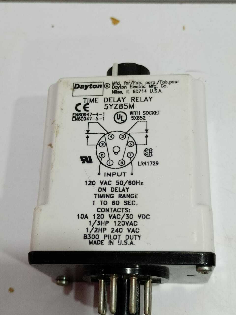 Dayton 5YZB5M Time Delay Relay 120VAC 50/60Hz On Delay Timing Range 1 To 60 Sec