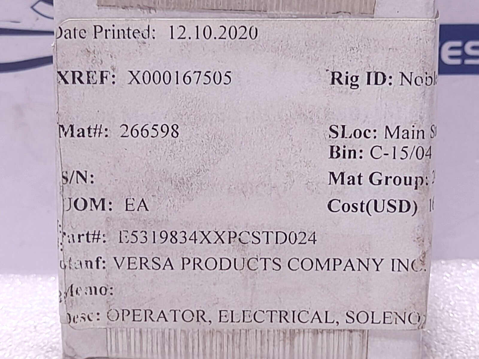 Versa E5319834XXPCSTD024 Solenoid Coil E5-3198-34XX-PC-ST-D024