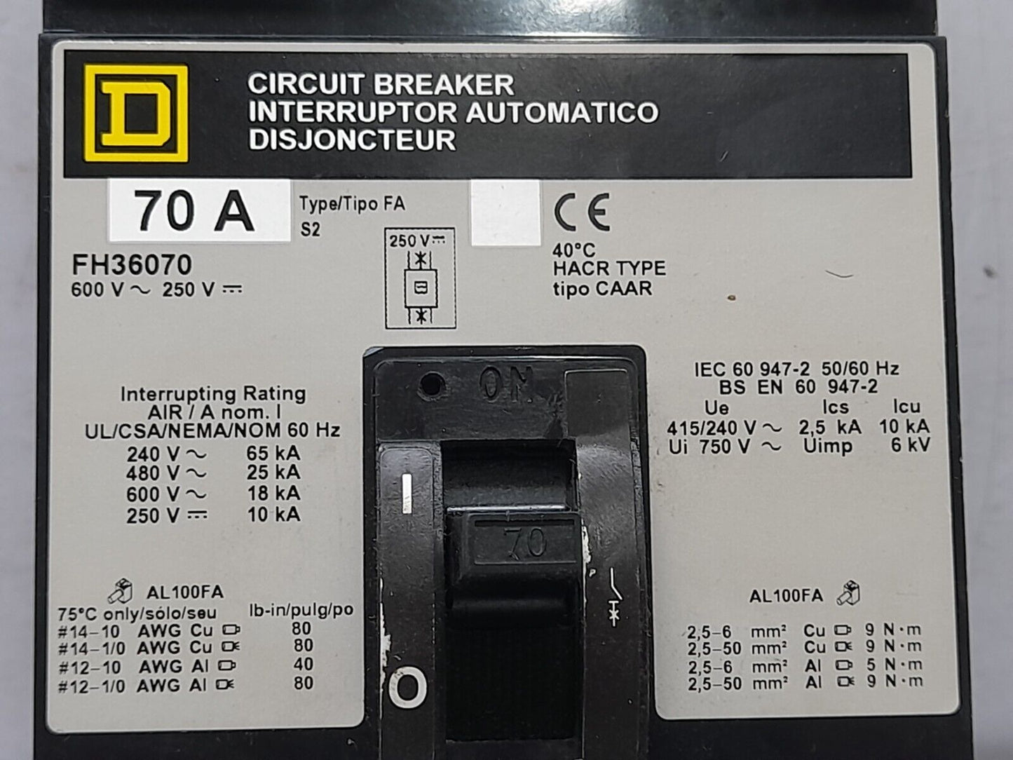 Square D FH36070 Circuit Breaker 600V~ 250VDC 50_60Hz 70A 3P