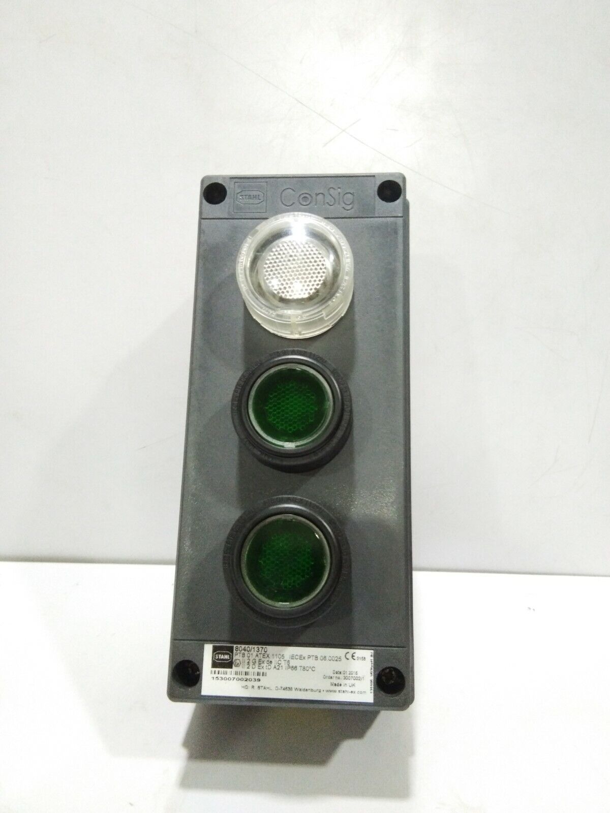 STAHL 8040/1370 PUSHBUTTON WITH WHITE INDICATOR LIGHT 3-GANG POLYESTER W/WHITE 