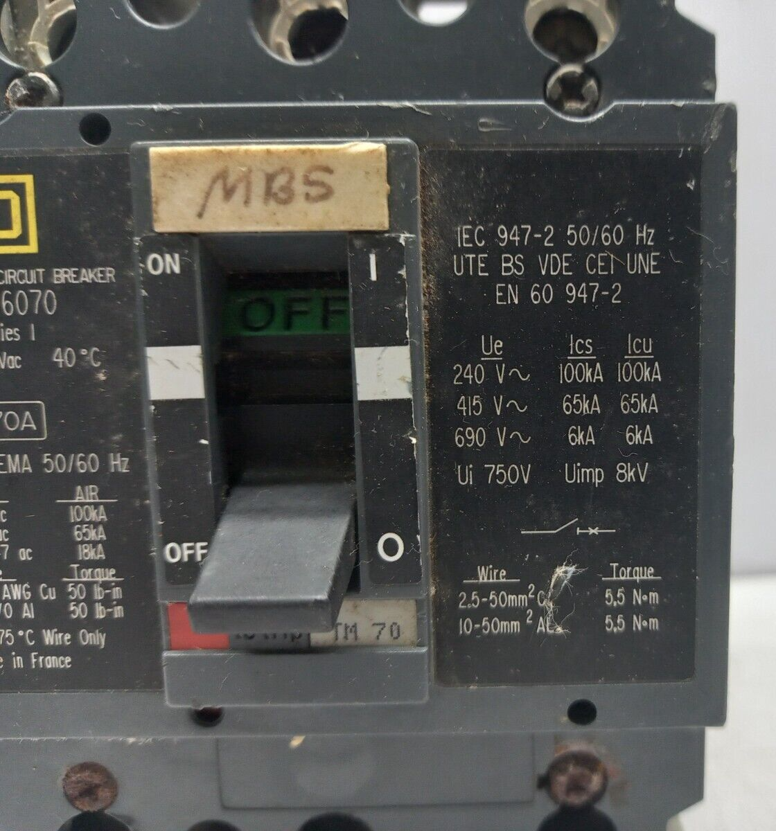 Square D GJL36070 Thermal Magnetic Circuit Breaker 70A 600Y/347 VAC 480VAC