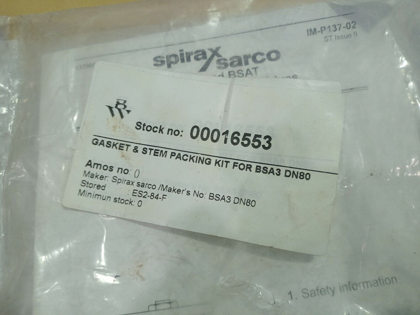 Spirax Sarco BSA3 DN80 Gasket & Stem Packing Kit 80MM