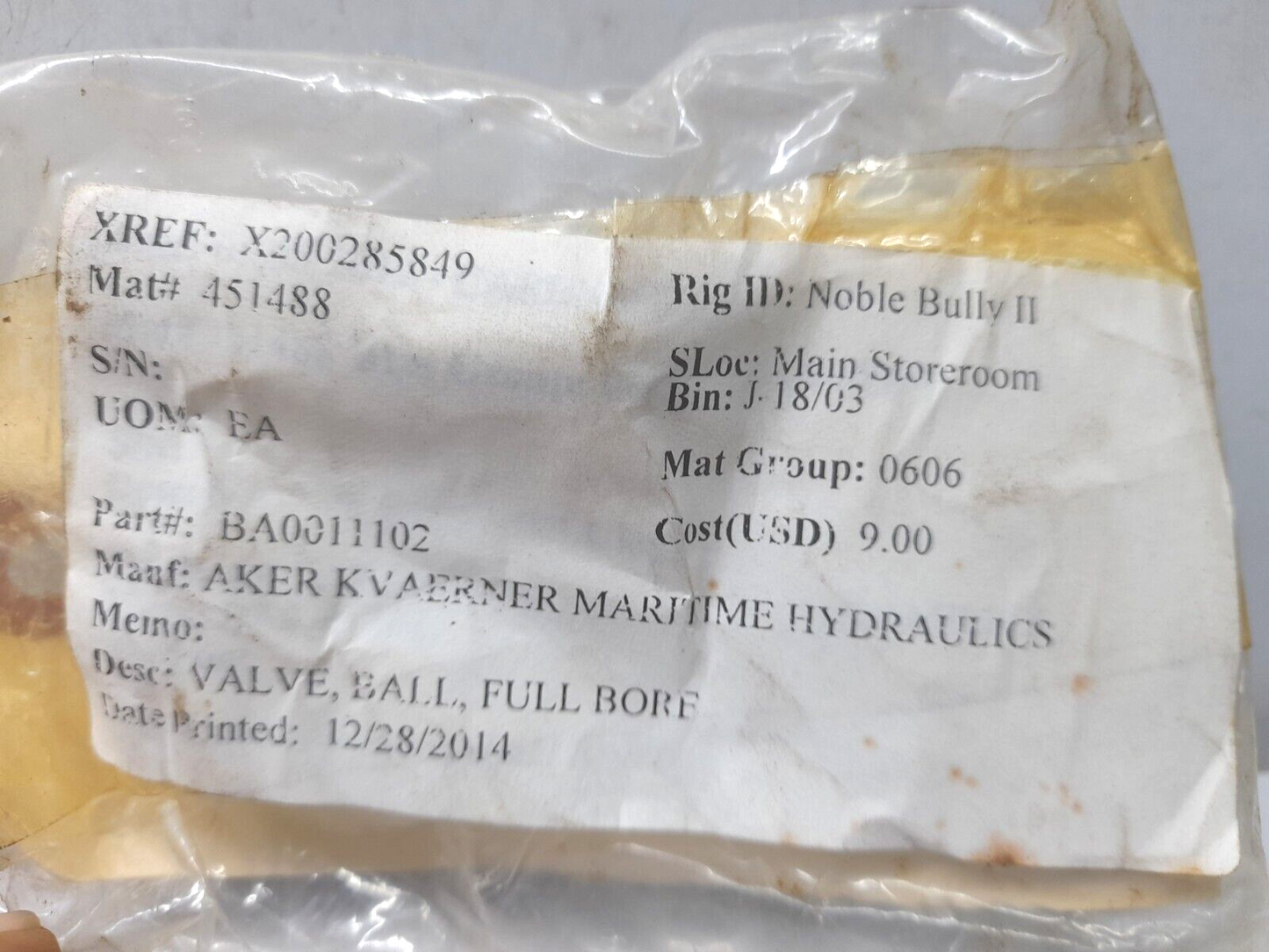 Aker Kvaerner Maritime Hydraulics BA0011102 Valve, Ball, Full Bore