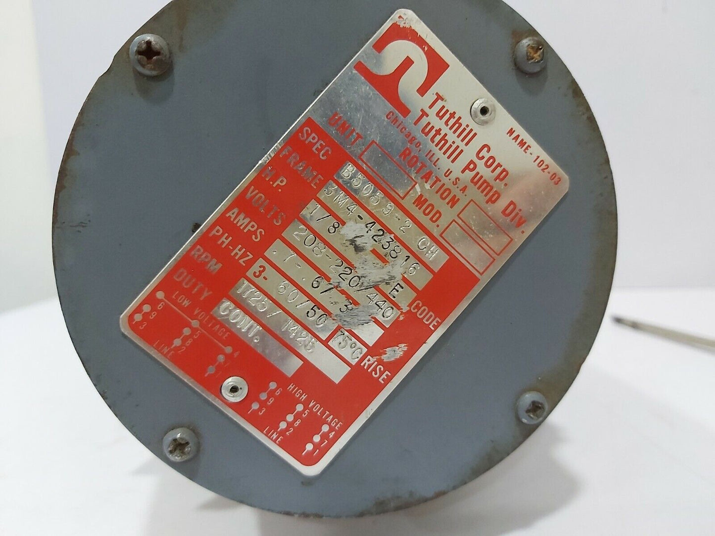 TUTHILL B5059-2 CH FRAME:3M4-423816 H.P.:1/8 VOLTS:208-220/240 PH-HZ:3-60/50 75