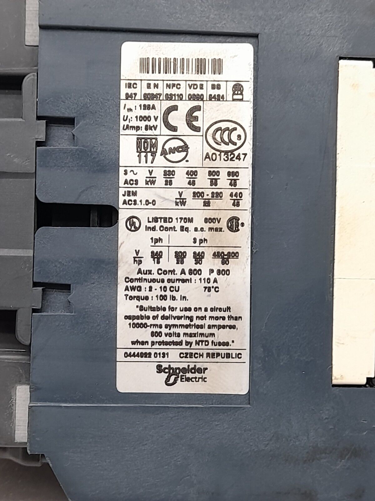 Telemecanique LC1 D9511 Contactor LC1 D95 Ith 125A LX1 D6 R7 Coil 440V 50/60Hz