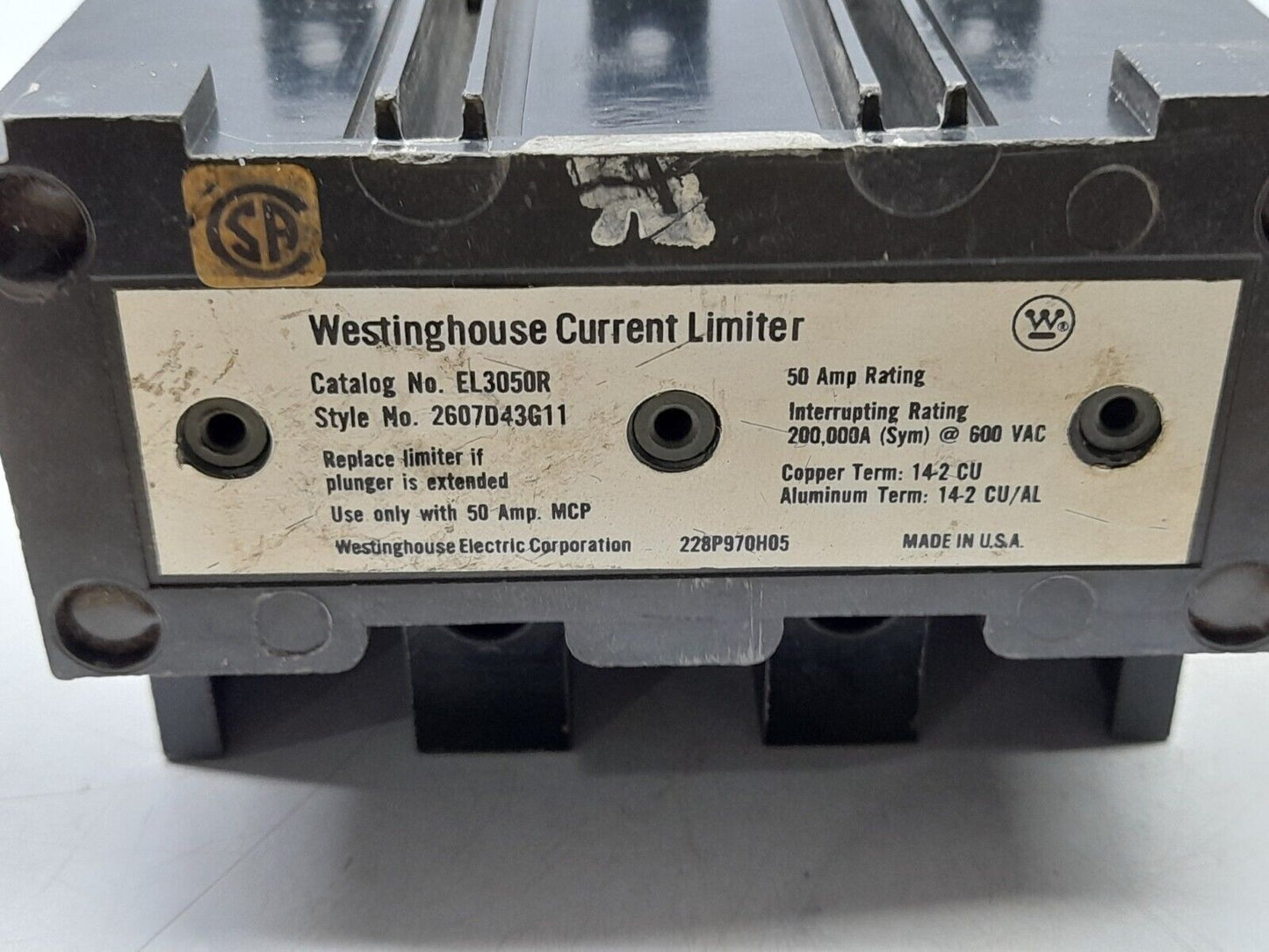 Westinghouse EL3050R Current Limiter 2607D43G11 50 Amp Rating
