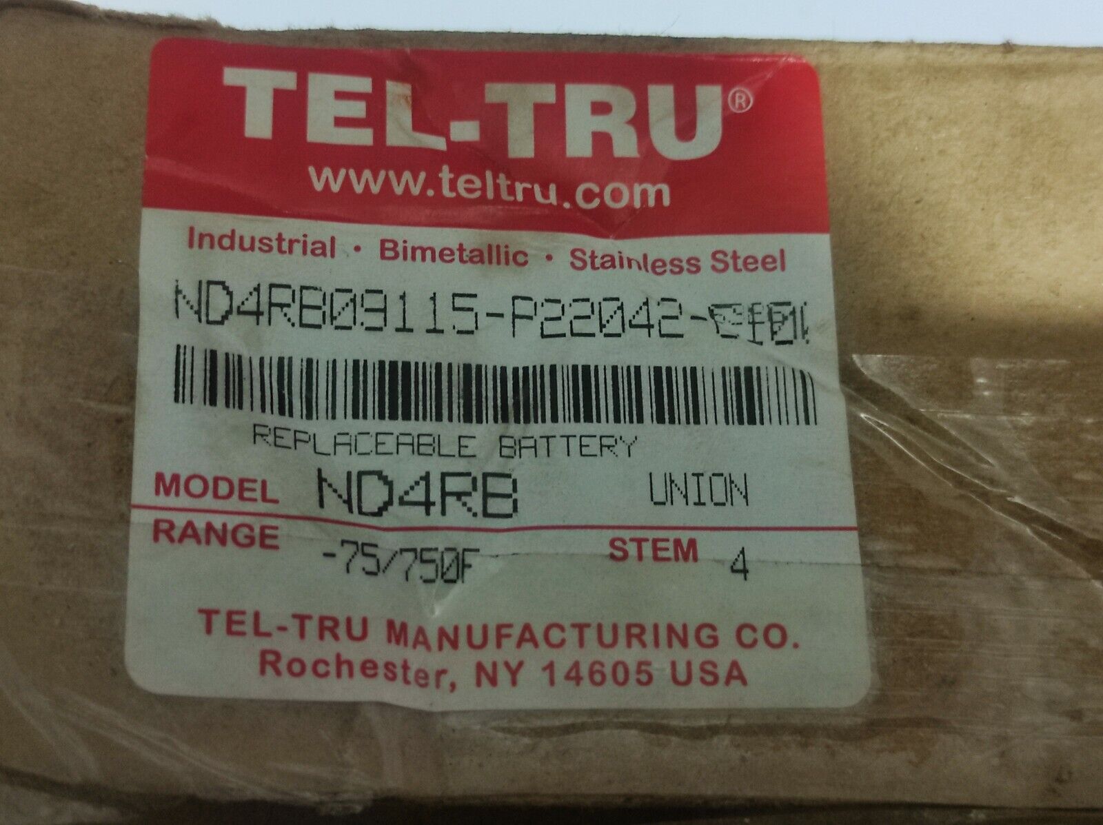 TEL-TRU ND4RB Thermometer ND4RB09115-P22042 Range -75/750F Stem 4 Union 