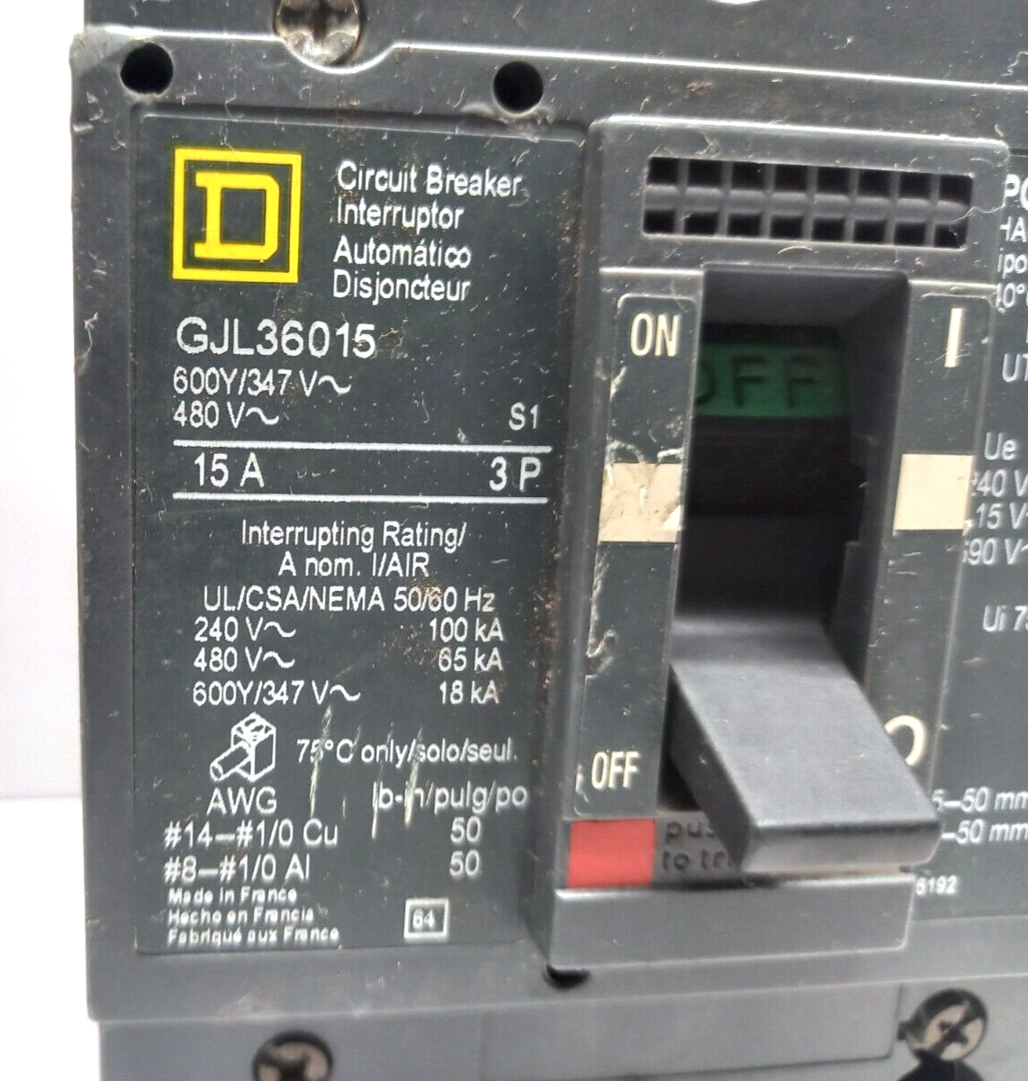 Square D GJL36015 Powerpact Circuit Breaker 15A 3P