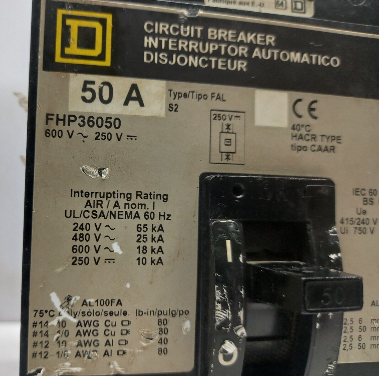 Square D FHP36050 Circuit Breaker 50A 600VAC250VDC