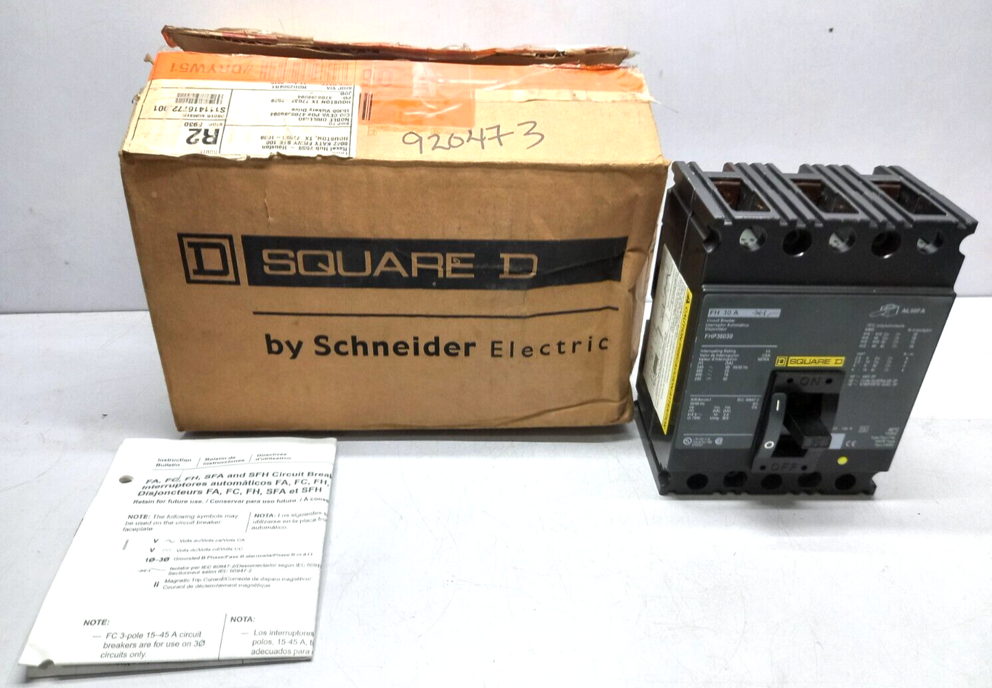 Square D FHP36030 Circuit Breaker 30A 3P 600VAC 250VDC 50/60Hz FH 30 A