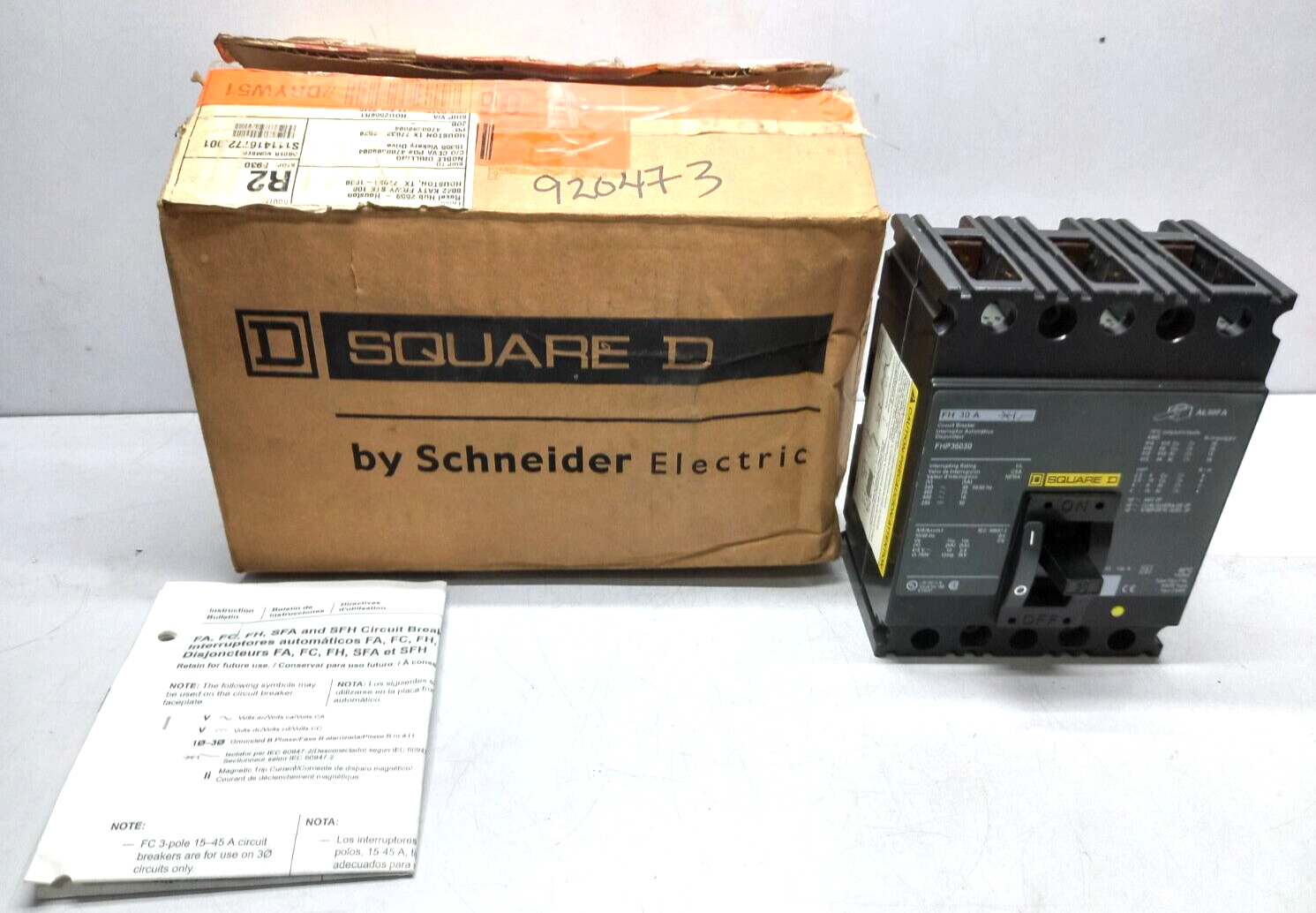 Square D FHP36030 Circuit Breaker 30A 3P 600VAC 250VDC 50/60Hz FH 30 A