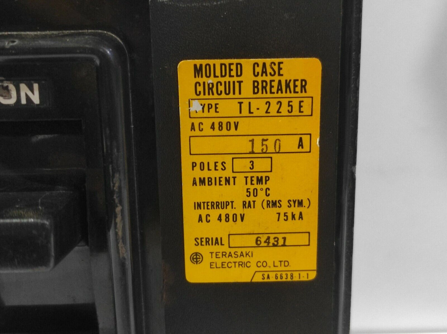 Terasaki TL-225E Molded Case Circuit Breaker 150A AC480V Poles 3 Ambient Temp 50