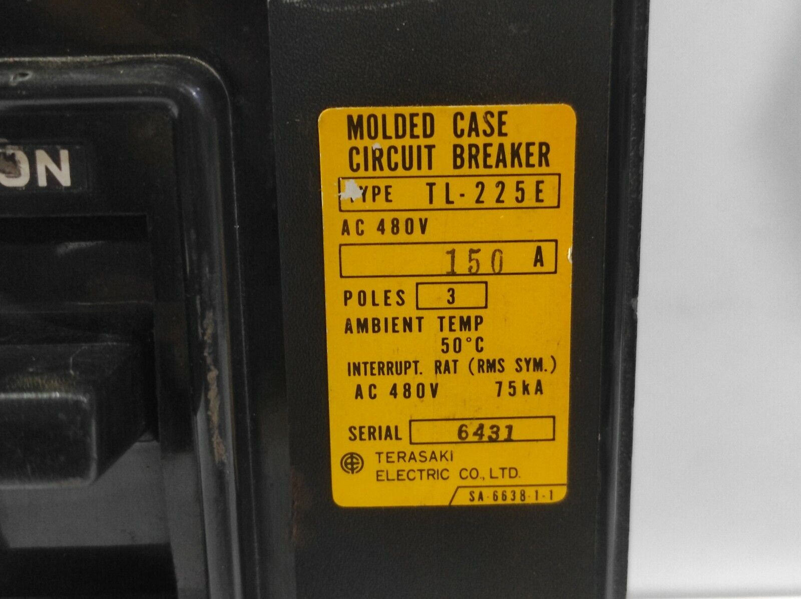 Terasaki TL-225E Molded Case Circuit Breaker 150A AC480V Poles 3 Ambient Temp 50