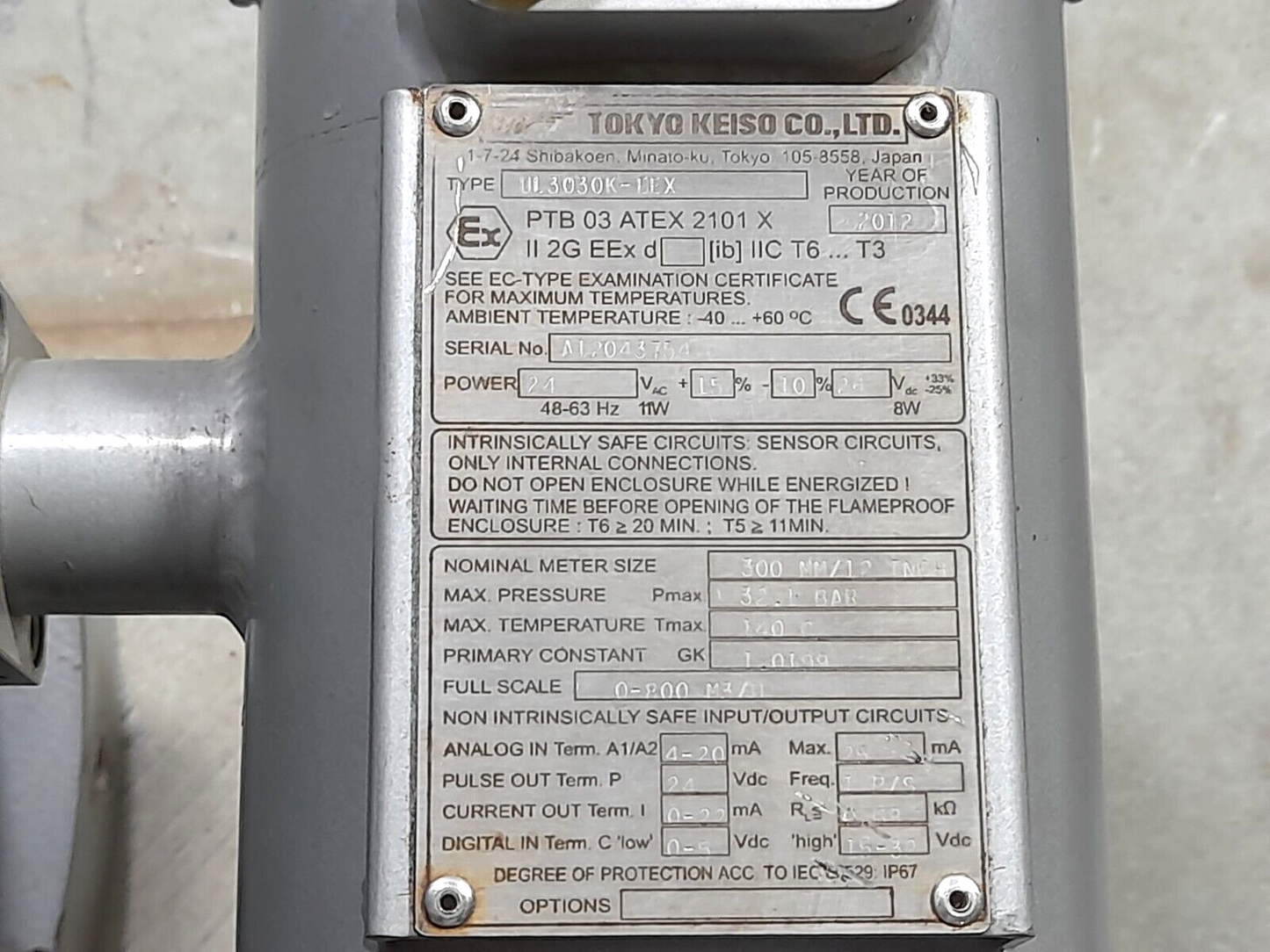Tokyo Keiso UL3030K-EEX 3-BEAM Compact Ultrasonic Flowmeter 24VDC 300mm