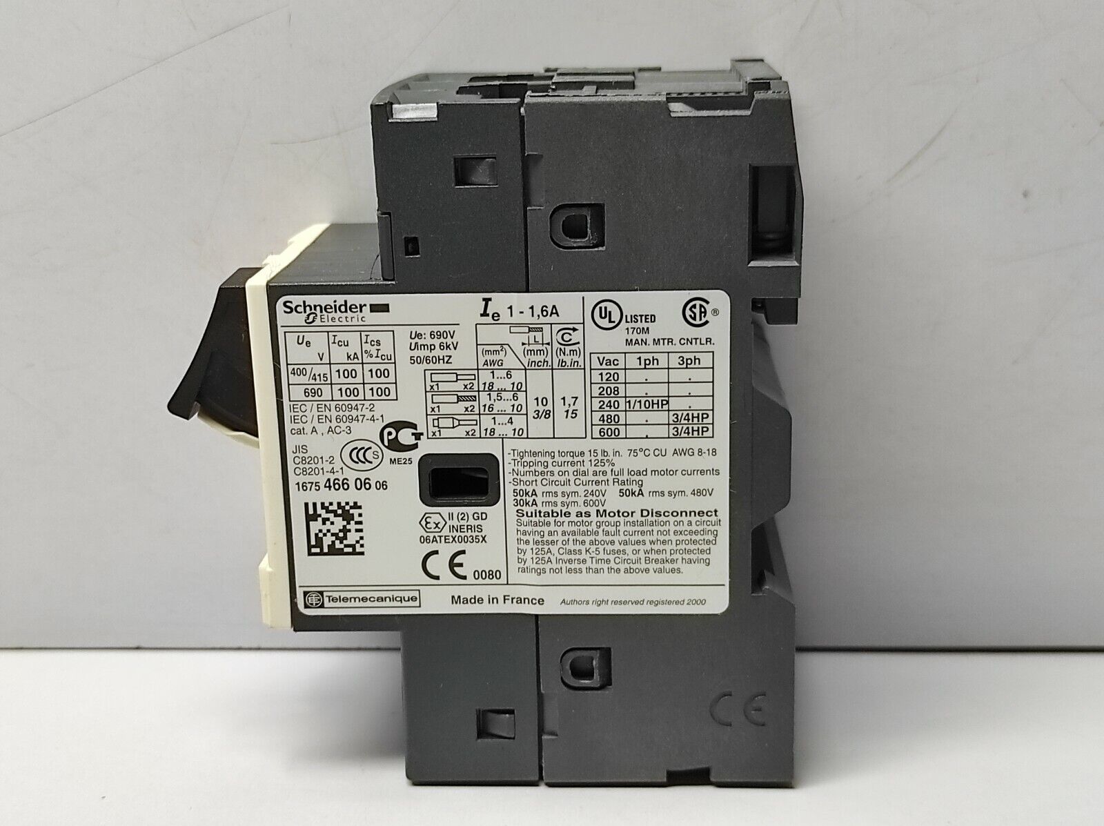 Telemecanique GV2ME06 Starter Ie 1-1.6A Ue 690V 50/60Hz Uimp 6kV