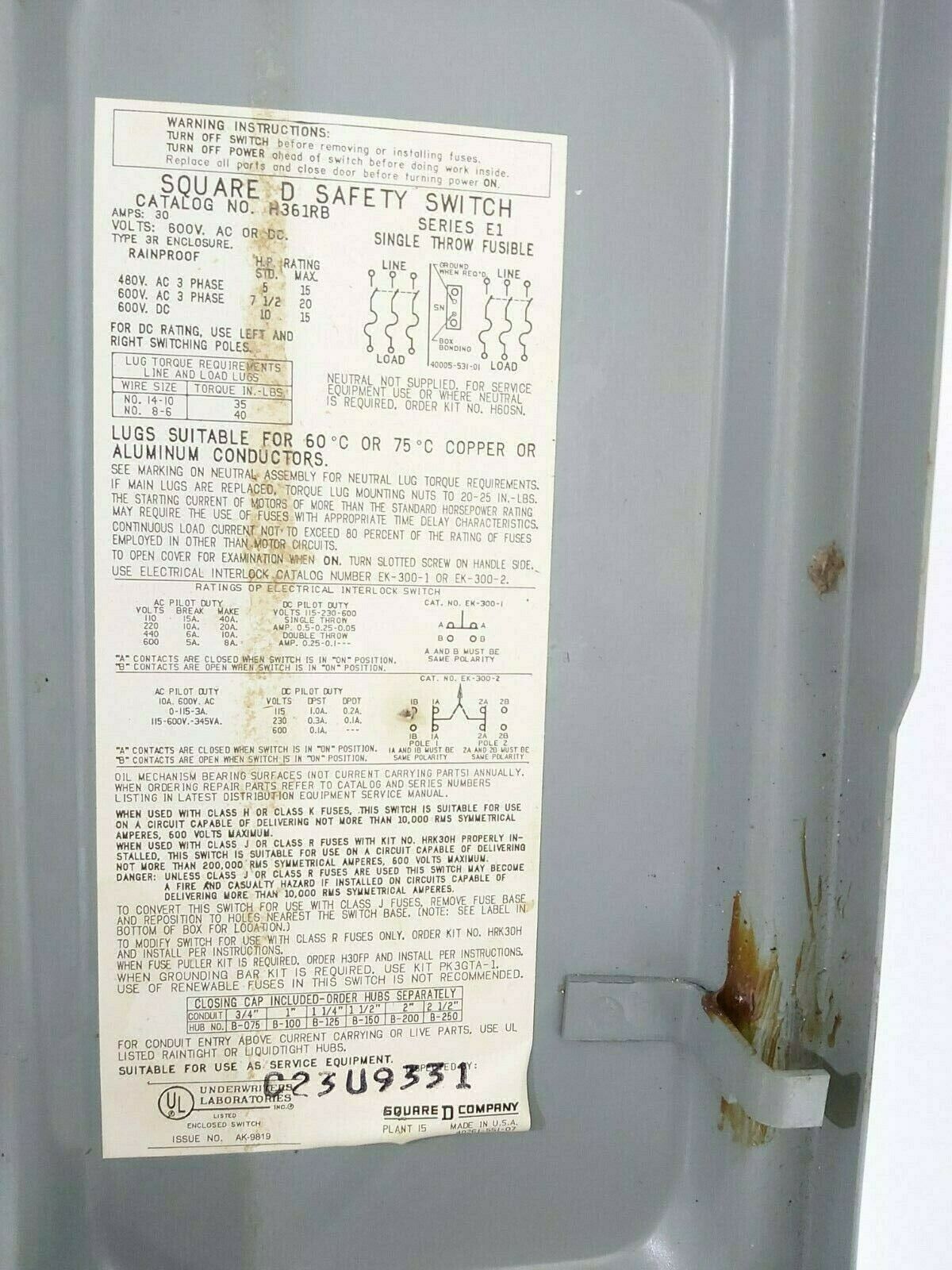 Square D H361RB 600V Heavy Duty Safety Switch SER-E1