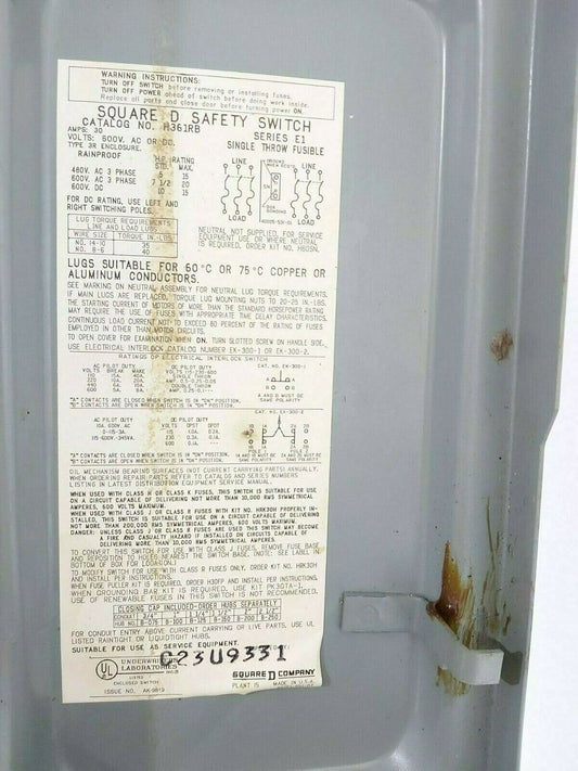 Square D H361RB 600V Heavy Duty Safety Switch SER-E1