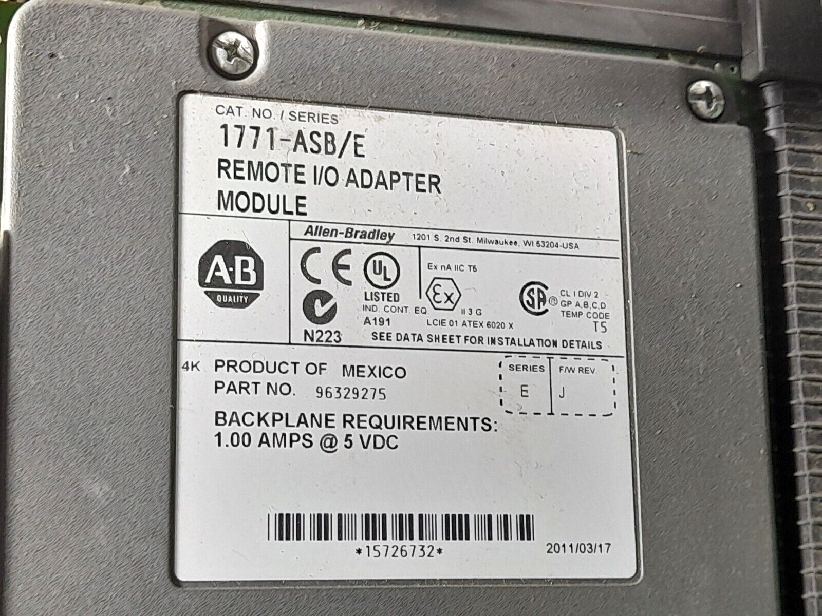 Allen Bradley 1771-A4B 16 Slot I/O Chassis With 1771-ASB E Remote I/O Adapter Mo