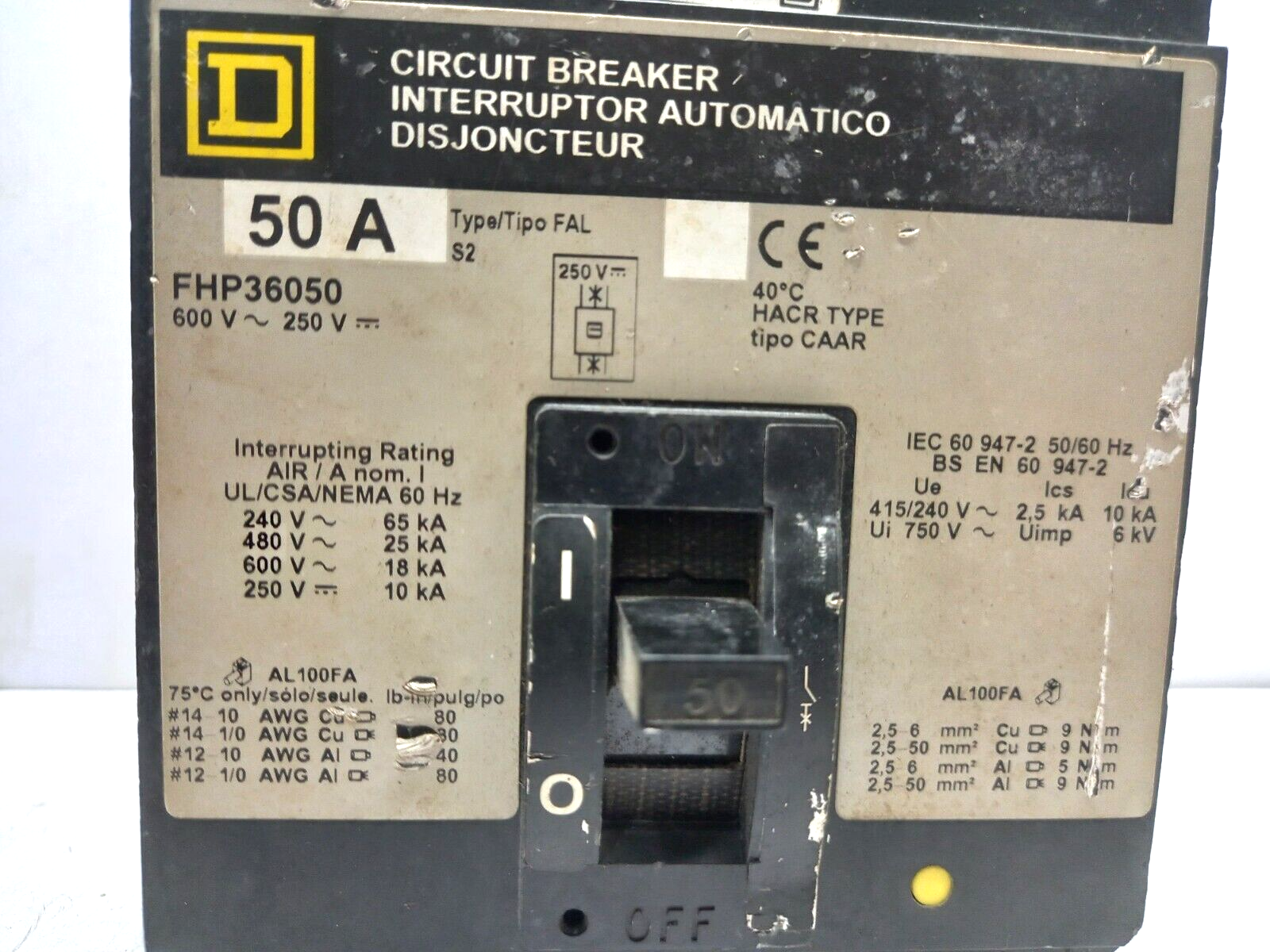 Square D FHP36050 Circuit Breaker 50A 600VAC 250VDC (1)