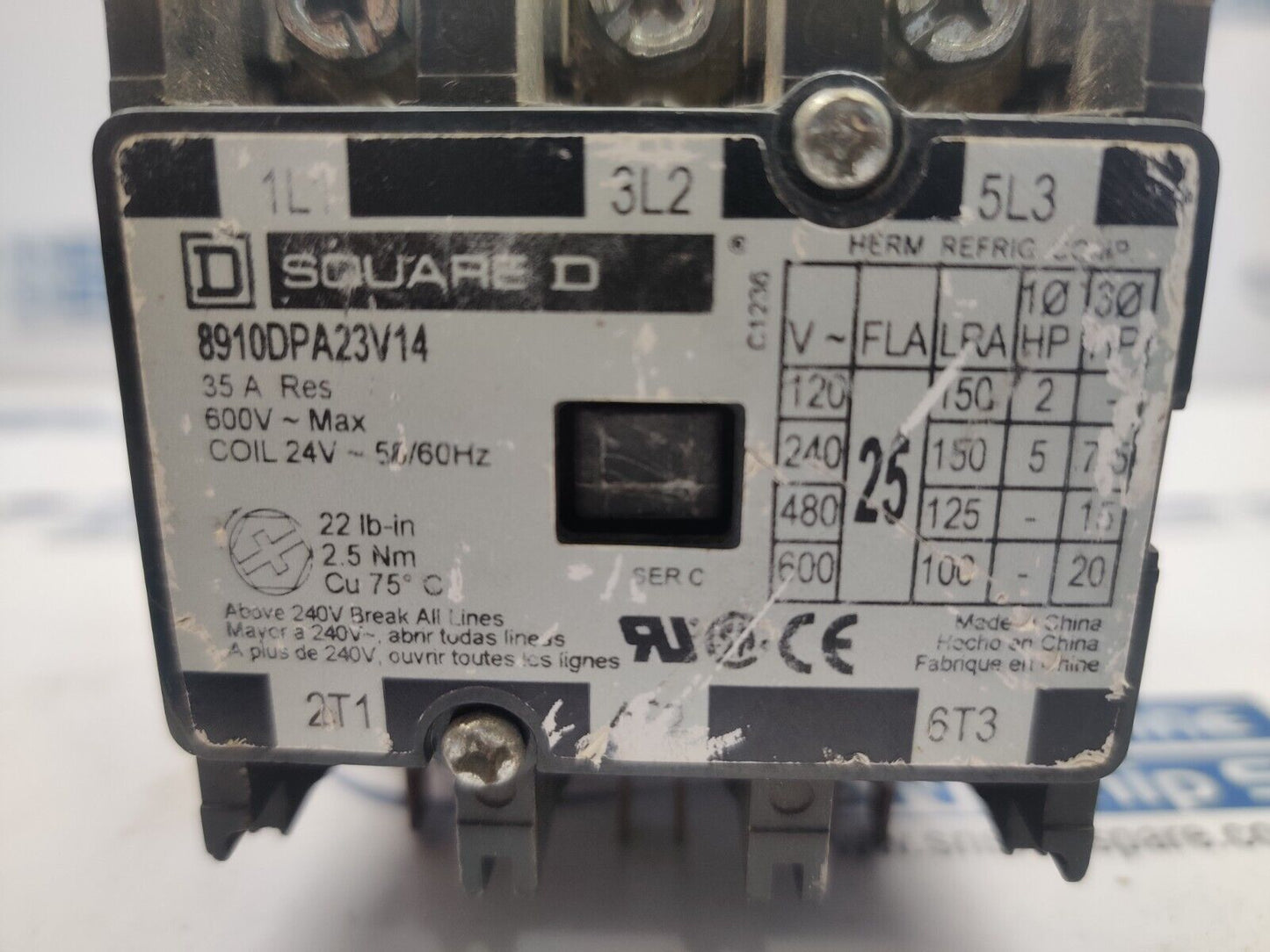 Square D 8910DPA23V14 Contactor 35A 600V Max Coil 24V 50/60Hz