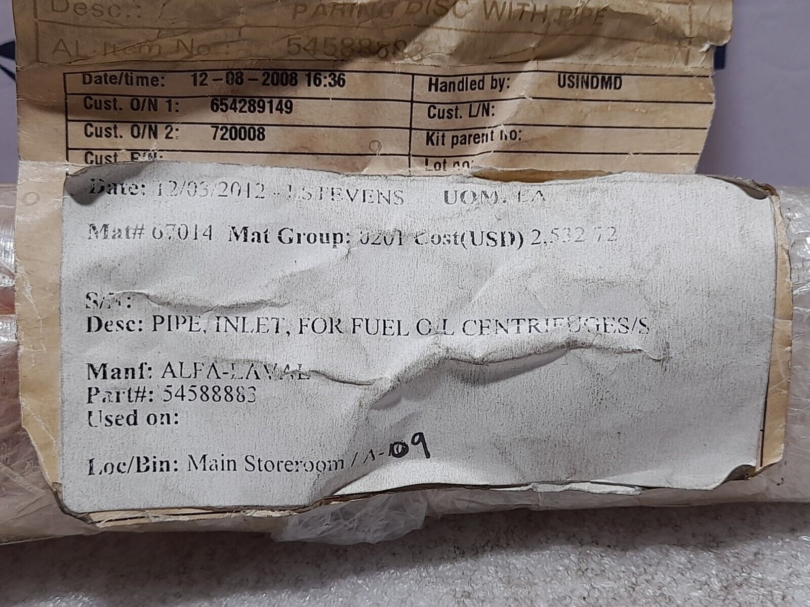 Alfa Laval 54588883 Inlet Pipe For Fuel Oil Centrifuges 545888-83